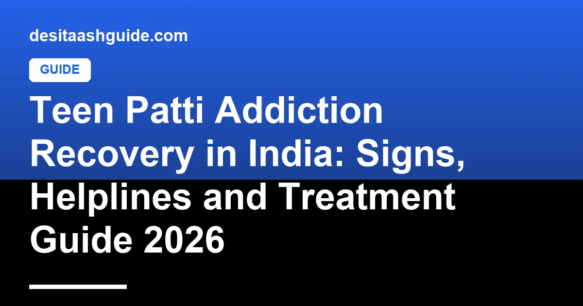 Hand reaching for a phone next to a NIMHANS helpline card and a self-exclusion notice, showing the first step in Teen Patti addiction recovery in India